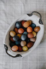 easter basket, colorful eggs, easter holiday, dark colors for easter, original egg color