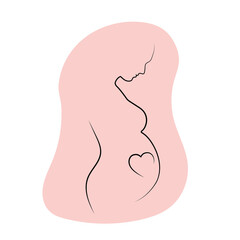 Outline contour of pregnant woman with heart on pink background