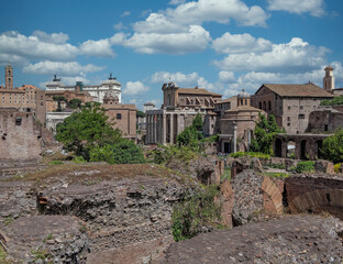 Rome Italy, panoramic view of the roman forum under impressive sky