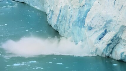 Los Glaciares National Park, Santa Cruz Province, Patagonia, Argentina. Natural beauty of towering glacier surrounded by glacial lake. A large mass of ice falls into the water. High quality 4k footage - Powered by Adobe