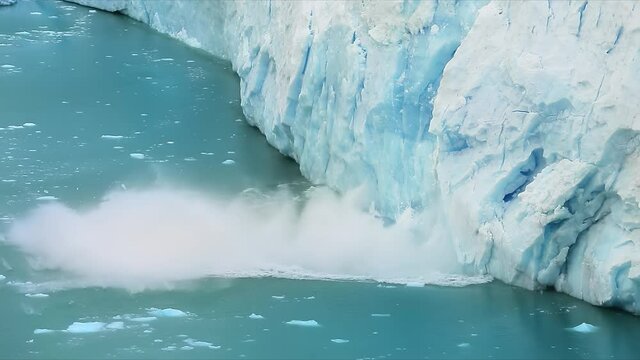 Los Glaciares National Park, Santa Cruz Province, Patagonia, Argentina. Natural beauty of towering glacier surrounded by glacial lake. A large mass of ice falls into the water. High quality 4k footage