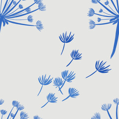 seamless pattern with hand-drawn blue with gradient dandelions on gray background. packaging, wallpaper, textile, kitchen, utensil, fashion design	
