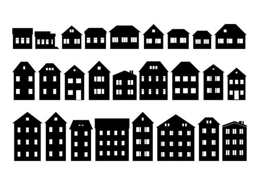 Houses, homes and buildings silhouette row clipart of  in small town or village street. Black and white 