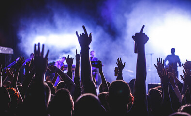 Silhouette of a man hands up in the air in a concert crowd