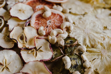 dried fruits for decoration, sweets, nuts are laid out on a flat surface
