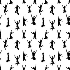 Seamless pattern with black and white silhouettes of crowd of young happy multinational diverse people in jumping poses with hands up.