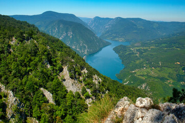 Amazing aerial view of national park Tara, Zaovine and Perucac lake and canyon of Drina river in Serbia from viewpoint Banjska Stena