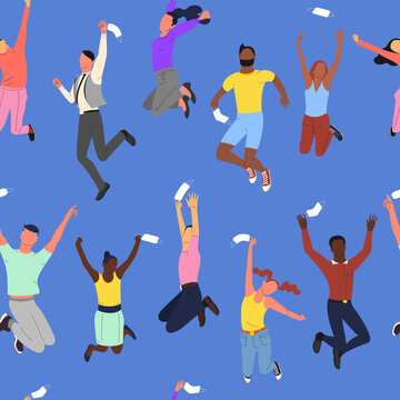 Seamless Pattern With Crowd Of Young Happy Multinational Diverse People In Jumping Poses Throwing Up Face Masks. Quarantine And Pandemic Of Covid 19 Is Over. Back To Normal. On Blue Background