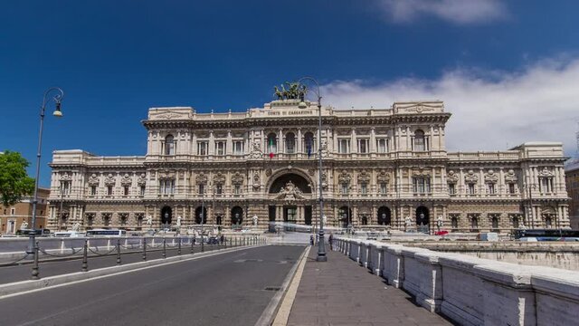 Palace of Justice (Palazzo di Giustizia) timelapse hyperlapse - courthouse building with Ponte Sant' Umberto bridge. Blue cloudy sky. Rome, Italy.