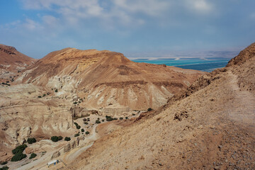 Panorama of the Nahal Zohar and the Dead Sea in Judean desert.