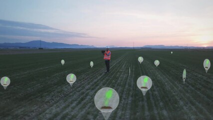 Motion Graphics, Man Engineer Collecting Seeds Growing Data on Flat Agricultural Field and Scanning Ground, Orbit Drone Aerial View - Powered by Adobe
