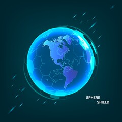 Earth space globe planet with blue ray. Vector image in the form of Globe with starry sky, consisting of points, lines, and shapes ozone shield