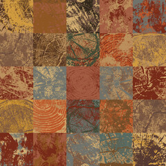 Abstract seamless pattern with square wooden tiles of different textures and colors in grunge style. Colored mosaic background with realistic wood saw cuts and cross-sections. Vector illustration