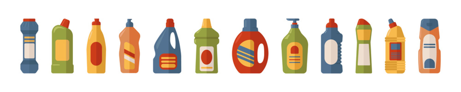 Cleaning products set, colorful bottles of various shapes. Cleaning of premises, houses, rooms. Household chemicals. Soap, gel. Vector illustration in flat cartoon style, isolated on white background	