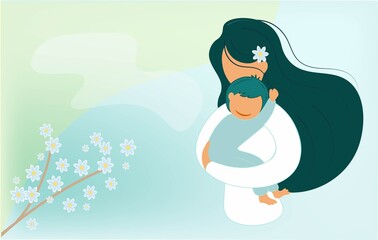 A beautiful young mother gently hugs her baby in a caring embrace. Love and motherhood concept. Flat vector illustration. Delicate blue background with sakura branch. Mother's Day.