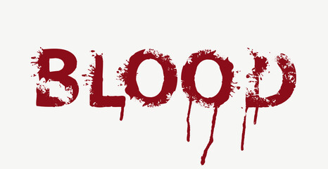 BLOOD lettering in scary dripping bloody letters on a light background. Vector illustration in the form of an abstract inscription with red blotches and splashes. Halloween party style