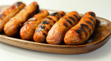 Grilled classic British sausage made from prime cuts of pork on the wooden plate