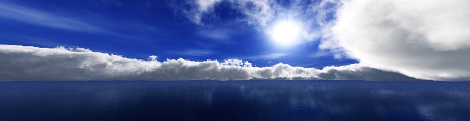 Obraz premium Beautiful clouds above the water surface at sunrise, seascape with clouds, 3D rendering