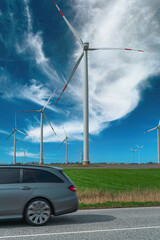 Wind turbines farm.Alternative energy.Beautiful bright sunny day .