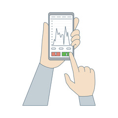 Hands holding smartphone with stocks price chart vector cartoon outline illustration isolated on white. Online trading, stocks, banking, and financial success concept. Investing application.