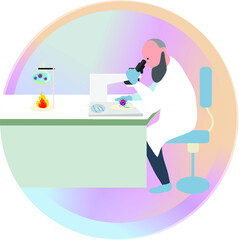 Microbiologist studying new virus and cultivating a petri dish whit inoculation loops, beside a microscope and tools of laboratory. Vector illustration of biomedical engineering. - stock vector