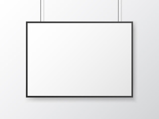 Poster mockup horizontal. White blank with frame. Empty sheet on light wall. Photo template with black border. Isolated painting with soft shadow. Vector illustration