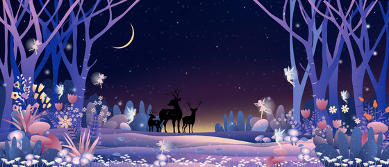 Fantasy cute little fairies flying and playing with reindeers family in magic forest at Christmas night,Vector illustration landscape of Winter wonderland.Fairytale background for bed time story cover © Anchalee
