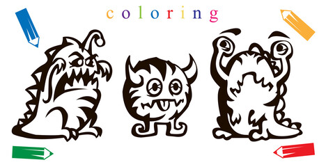 Baby coloring page. Collection of funny and cute vector monsters.Cartoon vector illustration.