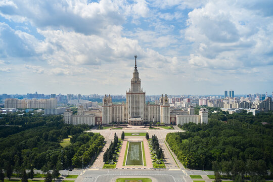 Aerial of Moscow State University. Beautiful panoramic view of MSU and Botanic Garden from Sparrow Hills