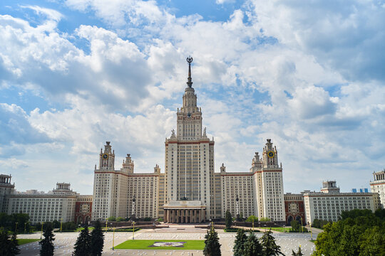 Low angle view of the Moscow State University. Clouds are moving on the sky on background