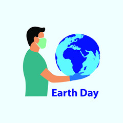 vector illustration of man carrying earth for save world icon or symbol. Earth Day Logo Template. earth day greeting cards