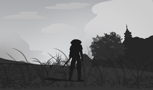 Black and White Drawing of Chinese Swordman in the plain field Chinese art style.