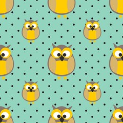 Tile vector pattern with owls and black polka dots on mint green background