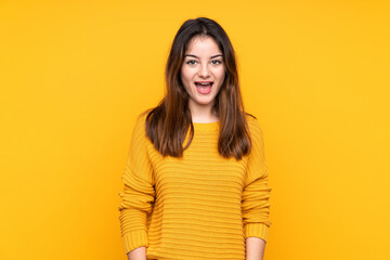 Young caucasian woman isolated on yellow background with surprise facial expression