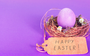 Colorful background with Easter eggs on red background. Happy Easter concept. Can be used as poster, background, holiday card. Flat lay, top view, copy space. Studio Photo