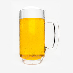 Draft or craft beer in a clear glass with beer foam and bubbles in the glass. Cold alcoholic beverages are popular around the world. On a white background 3D Rendering