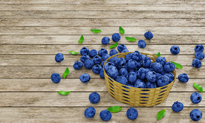 Close up and top view Pile lots of blueberries in a bamboo basket. Dark blueberry, fresh color, white pattern Drop on a wooden table surface, wallpaper, or background. Fruit for healthy 3D Rendering