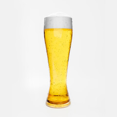 Draft or craft beer in a clear glass with beer foam and bubbles in the glass. Cold alcoholic beverages are popular around the world. On a white background 3D Rendering