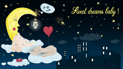 illustration in childrens flat style cartoon for childrens bedroom design decoration cat and moon moon sleep on the clouds on the background of the night city among the stars © svarog19801