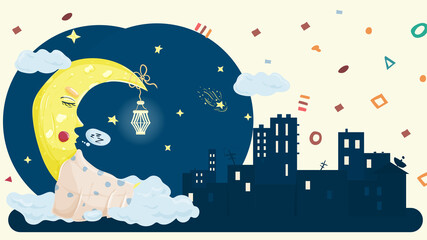 illustration in childrens flat style cartoon for children's bedroom design decoration the moon moon sleeps on the clouds on the background of the city © svarog19801