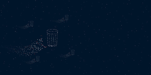 A glass symbol filled with dots flies through the stars leaving a trail behind. Four small symbols around. Empty space for text on the right. Vector illustration on dark blue background with stars