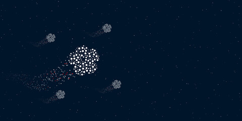 Obraz na płótnie Canvas A geranium filled with dots flies through the stars leaving a trail behind. Four small symbols around. Empty space for text on the right. Vector illustration on dark blue background with stars