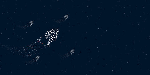 A leaf symbol filled with dots flies through the stars leaving a trail behind. Four small symbols around. Empty space for text on the right. Vector illustration on dark blue background with stars