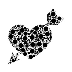 A large cupid arrow symbol in the center made in pointillism style. The center symbol is filled with black circles of various sizes. Vector illustration on white background