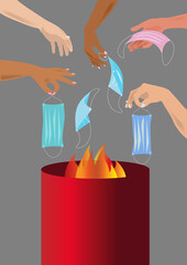 Burning protective surgical medical masks in a barrel. No masks. Many colored hands throw surgical masks into the fire. Destroy respirators. End of the coronavirus pandemic. End of mask mode.