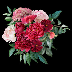 Red peonies and white roses isolated on black background. Floral arrangement, bouquet of garden...
