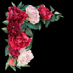 Red peonies and white roses isolated on black background. Floral arrangement, bouquet of garden flowers. Can be used for invitations, greeting, wedding card.