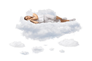 Young woman in pajamas sleeping on clouds