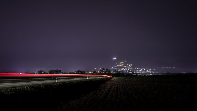 Light trails of the vehicles on the road to the city of Vr&scaron;ac