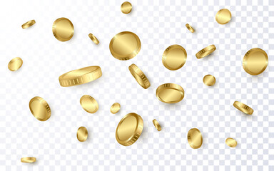 Realistic gold coins explosion isolated on transparent background. Vector illustration